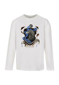 White long-sleeve shirt featuring a Ravenclaw crest in blue, black, and gold, with an eagle and decorative elements.