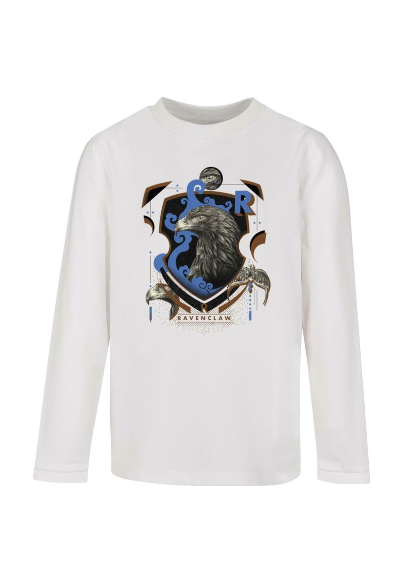 White long-sleeve shirt featuring a Ravenclaw crest in blue, black, and gold, with an eagle and decorative elements.