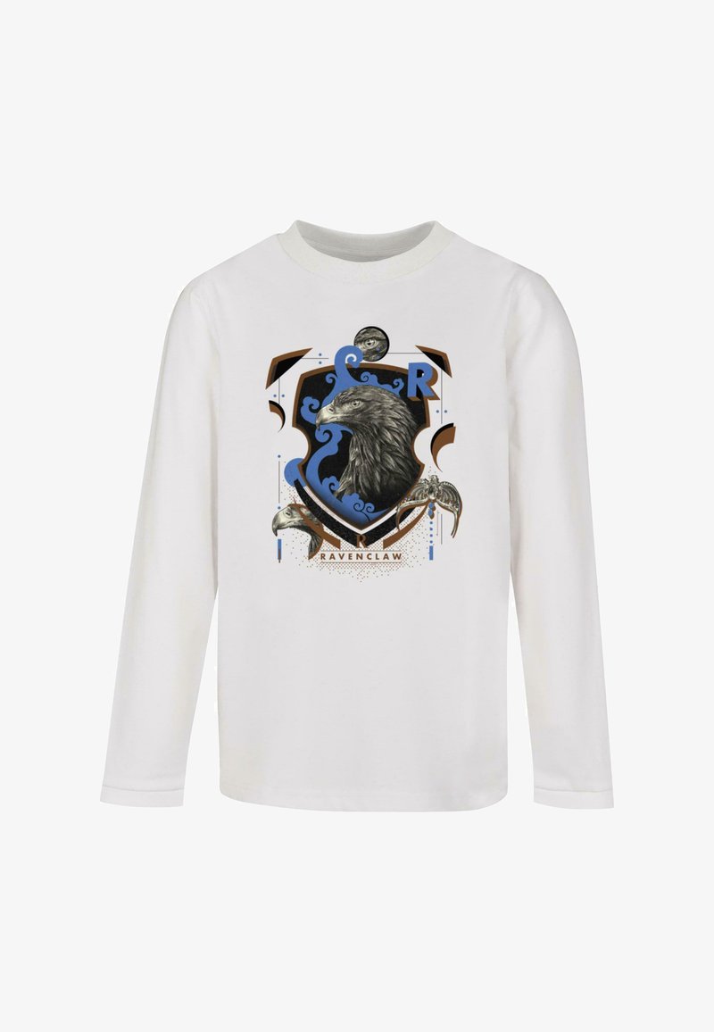 White long-sleeve shirt featuring a Ravenclaw crest in blue, black, and gold, with an eagle and decorative elements.