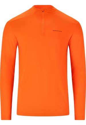 Langärmliges Sportoberteil in leuchtendem Orange. Mit einem halben Reißverschluss am Kragen und aus leichtem, glattem Stoff gefertigt. Minimale Markenkennzeichnung auf der Brust.