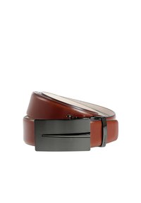 Brown leather belt featuring a black metal buckle with a sleek design. The belt is smooth with a subtle sheen and a square buckle shape.