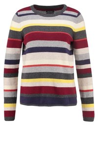 Gestreifter Strickpullover mit horizontalen Streifen in Rot, Marineblau, Grau, Gelb und Creme. Rundhalsausschnitt, lange Ärmel, weiche Textur und lockere Passform.