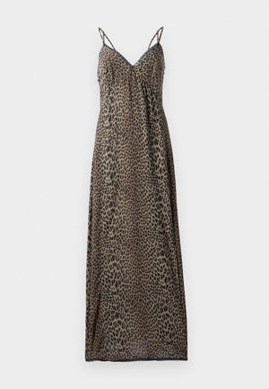 Maxikleid mit Leopardenmuster, dünnen Trägern, V-Ausschnitt, fließendem Design, durchsichtigen Stoff in erdigen Brauntönen und Schwarz sowie geradem Saum.