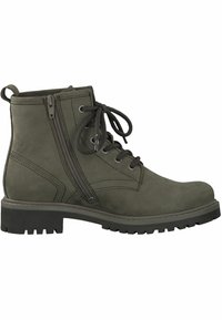 Bottine en cuir vert foncé avec laçage à l'avant, fermeture éclair sur le côté, surface texturée et semelle en caoutchouc robuste avec motifs.