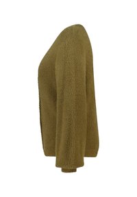 Olijfgroene, gestructureerde gebreide cardigan met een casual pasvorm, ronde halslijn en lange mouwen. Open voorkant zonder sluitingen.