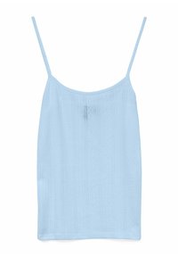 Lys blå spaghetti-strop top med et tekstureret mønster, der har lodrette striber og små diamantformede figurer. Glat stof, afslappet pasform.