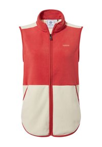 Red and cream sleeveless fleece vest with a high collar, front zipper, and side pockets; features a smooth texture and contrasting color blocks.
