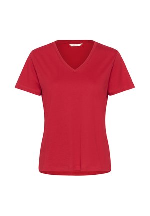 T-shirt en coton rouge avec un col en V, des manches courtes et une silhouette ajustée. Le tissu a une texture lisse sans motifs ni accents.