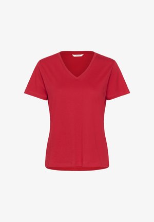 Rød bomulds t-shirt med v-hals, korte ærmer og en tætsiddende silhuet. Stoffet har en glat tekstur uden mønstre eller detaljer.