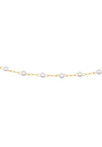 Collana in oro con maglie alternate e sei perle bianche rotonde, texture liscia con finitura lucida.