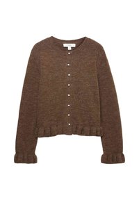 Brązowy sweter z dzianiny z okrągłym dekoltem, zapięciem na guziki i dekoracyjnym falbaną u dołu. Posiada małe guziki przypominające perły.