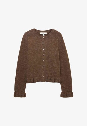 Brauner Strickcardigan mit runder Ausschnitt, Knopfverschluss und dekorativem Volant am Saum. Verfügt über kleine, perlenartige Knöpfe.