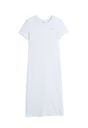 Light blue ribbed cotton dress with short sleeves and a crew neckline. Features minimalistic brand logo on the chest. Simple, straight design.