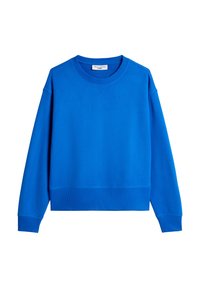 Jasnoniebieska bluza z okrągłym dekoltem, ściągaczami na rękawach i dolnym brzegu. Wykonana z gładkiej tkaniny o luźnym kroju i starannych przeszyciach.