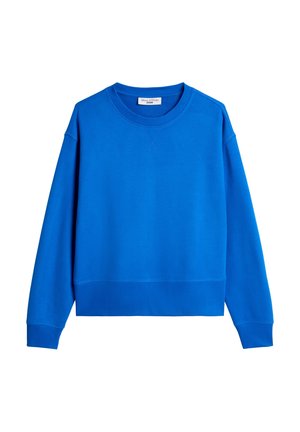 Jasnoniebieska bluza z okrągłym dekoltem, ściągaczami na rękawach i dolnym brzegu. Wykonana z gładkiej tkaniny o luźnym kroju i starannych przeszyciach.