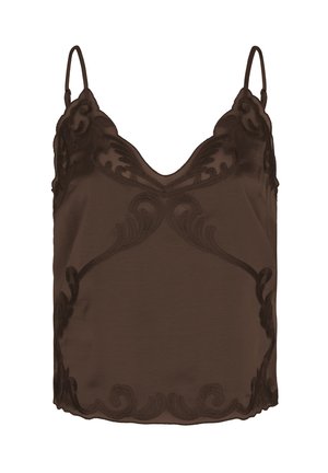 Camisole sans manches en soie brun foncé avec bordure en dentelle festonnée et motifs floraux brodés le long de l'encolure et de l'ourlet.