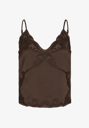 Dunkelbraunes, ärmelloses Seiden-Camisole mit gezacktem Spitzenbesatz und bestickten Blumenmustern entlang des Ausschnitts und Saums.