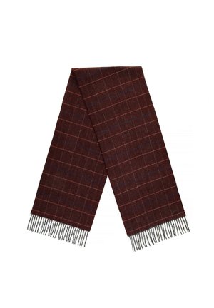 Wool scarf in dark burgundy with a grid pattern in red and blue. Finished with fringe on both ends for added texture.