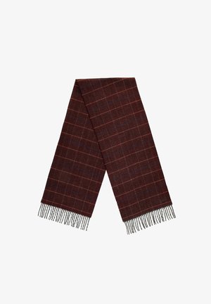 Wool scarf in dark burgundy with a grid pattern in red and blue. Finished with fringe on both ends for added texture.