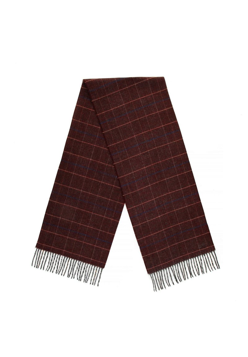 Sciarpa di lana di un profondo bordeaux con un motivo a griglia in rosso e blu. Rifinita con frange su entrambe le estremità per un tocco di texture in più.