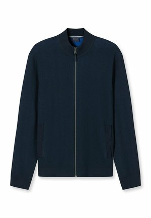 Marineblaue Reißverschlussjacke mit Stehkragen, strukturiertem Strickstoff und zwei Seitentaschen. Verfügt über gerippte Bündchen und Saum für eine eng anliegende Passform.