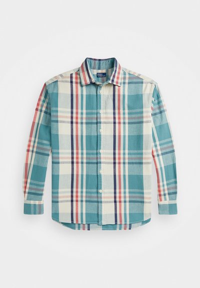 Camisa de botão feita de tecido texturizado, apresentando um padrão de xadrez em verde-água, creme, azul-marinho e vermelho. Possui um colarinho espaçado e mangas longas.