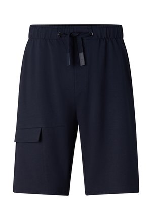 Navyblauwe herenshorts met elastische tailleband, trekkoord en een zijwaartse cargozak met klep.