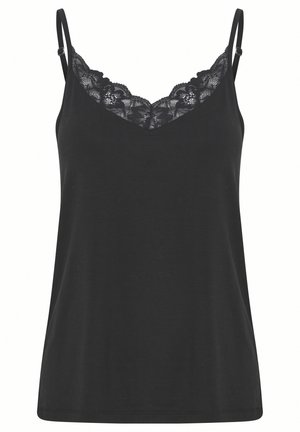 Camisola nera con spalline sottili, bordo in pizzo lungo il collo e vestibilità rilassata. Materiale morbido con una texture liscia.
