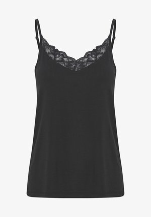 Camisola nera con spalline sottili, bordo in pizzo lungo il collo e vestibilità rilassata. Materiale morbido con una texture liscia.