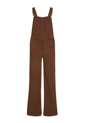 Bruine corduroy haalbare overalls met voorsluiting en verstelbare schouderbanden, met riemlussen en twee voorzakken.