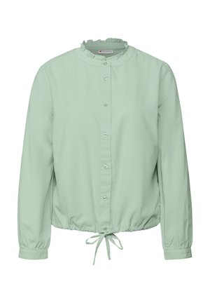 Blusa verde chiaro con bottoni, colletto arricciato, maniche lunghe e vita elastica. Include un laccetto regolabile nella parte inferiore.