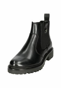 Black leather ankle boot with elastic side panels and a pull tab. Thick treaded rubber sole for enhanced grip. Smooth texture and streamlined design.