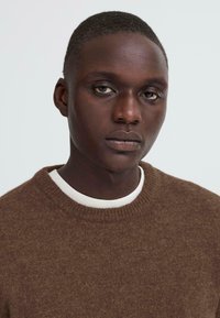 Brauner Strickpullover mit einer subtilen Textur und Rundhalsausschnitt, über einem weißen Hemd getragen, das ein einfaches Design ohne sichtbare Muster aufweist.