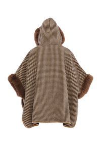 Ruskea hounds-tooth poncho, jossa on huppu ja tekoturkisreunukset. Siinä on rento muoto ja pehmeä rakenne, mikä antaa mukavan ja lämpimän ilmeen.
