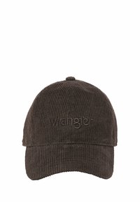 Braune Corduroy-Kappe mit geprägtem "Wrangler"-Logo auf der Vorderseite. Sie verfügt über eine abgerundete Krone und einen vorgebogenen Schirm. Strukturierte Stoffoberfläche.