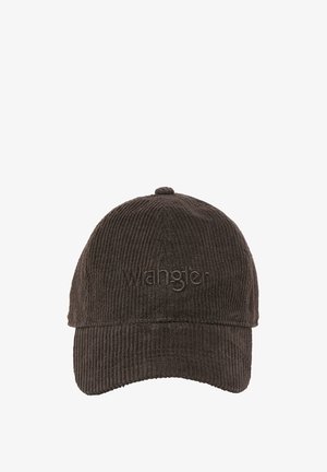 Casquette en velours côtelé marron avec logo "Wrangler" en relief à l'avant. Elle présente une couronne arrondie et une visière pré-inclinée. Finition en tissu texturé.