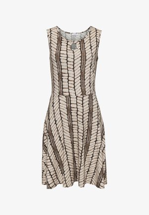 Kätistaminev kleit heledas beežis, millel on pruun lehtede muster, ümmargune kaelus ning ees avaga detail.