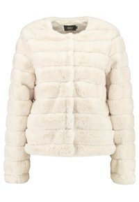 Giacca imbottita in pelliccia sintetica color avorio con design trapuntato orizzontale e scollo tondo. Presenta dettagli con cuciture frontali e polsini elastici.