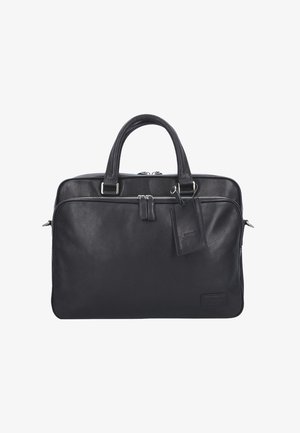 Black leather briefcase with dual handles, zip closure, and a side tag. Smooth texture, rectangular shape, with silver-tone hardware accents.