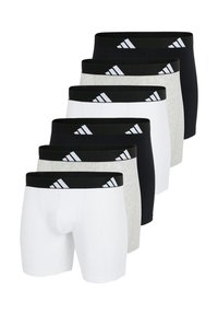 Sechs Paar Herren-Boxershorts in Weiß, Grau und Schwarz, mit einem schwarzen Bündchen und weißen Adidas-Logo-Streifen. Weicher Stoff, enganliegende Passform.