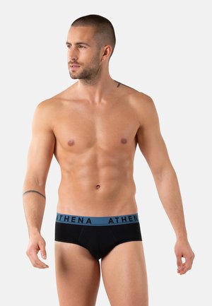 Caleçons pour hommes noirs avec une ceinture turquoise portant le mot "ATHENA." Le tissu semble lisse avec une coupe ajustée et des coutures minimales.