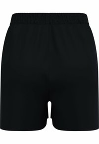 Zwarte sportieve shorts met een elastische tailleband, een gladde textuur en een eenvoudig ontwerp. Heeft een snit tot halverwege de bovenbeen en geen zichtbare merken.