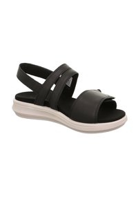 Schwarze Sandalen mit zwei oberen Riemen und einem Rückeneinstieg. Merkmale eine dicke weiße Sohle und ein offenes Zehendesign. Glatte Ledertextur.