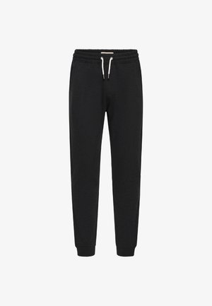 Čierne jogger nohavice vyrobené z mäkkej zmesi bavlny, s elastickým pásom a nastaviteľnými šnúrkami, zužujúcimi sa nohavicami a rebrovanými manžetami.
