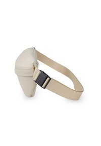 Marsupio beige con un corpo morbido e imbottito e una tracolla regolabile. Dotato di chiusura con cerniera e fibbia in plastica nera resistente.