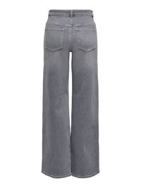 Jean en denim gris à taille haute et jambes larges, avec poches arrière et passants de ceinture, vu de dos sur fond blanc.
