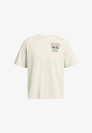 Kermanvärinen lyhythihainen puuvillainen t-paita, jossa on rintakuvio sinivihreänä ja punaisena, teksti "Video Assure Record Breakers".