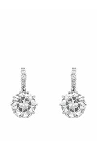 Orecchini a goccia in tonalità argento con pietre di zirconia cubica rotonde circondate da montature a griffe e un piccolo accento di catena a anelli.