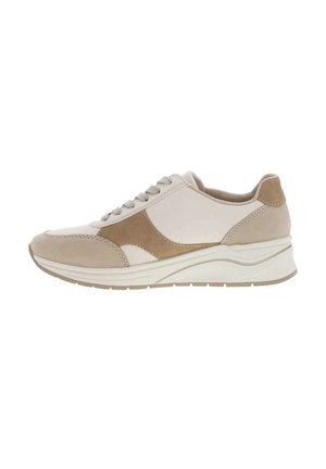 Sneakers featuring a combination of beige leather and suede, textured accents, lace-up design, and a cushioned sole for comfort.