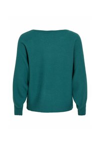Pull en teal avec un motif texturé en côtes, encolure ronde et manches ballons amples. La vue de dos montre l'ourlet au niveau de la taille.